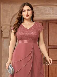 Plus Size Sequin Lace V-Neck Contrast Color Ruffle Trim Chiffon Hem Cocktail Dress, Wedding Guest Dress, Homecoming Dance Elegant Summer - Dusty Pink - View 11