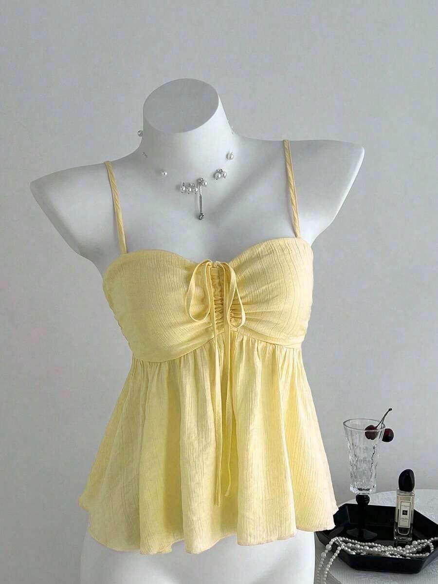 Camiseta de tirantes con volantes de unicolor lindo para damas, ropa de verano para la universidad - Amarillo 2 - Ver 1