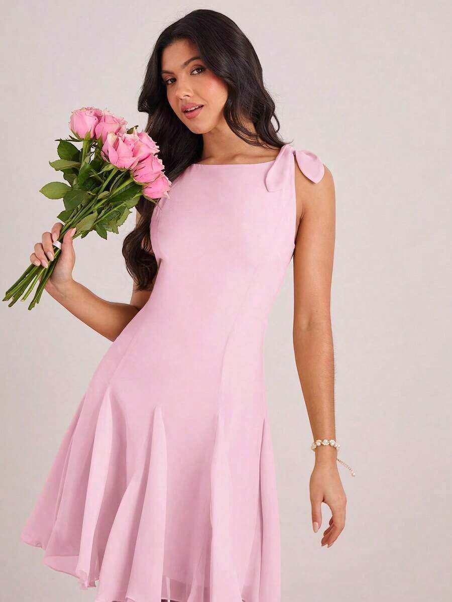 Vestido mini casual y de fiesta con pliegues y lunares para mujer - Rosa Pálido - Ver 1