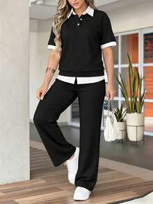 女款新款 Polo 領短袖 T 恤與彈性腰鬆身長褲 2 件套，春/夏。酒紅色 Polo 衫，運動、通勤黑色 - 黑色 - 查看 3