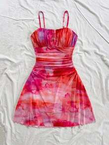 Vestido mini de tirantes finos con línea A, con estampado floral romántico rosa, apropiado para fiesta, cita, Día de San Valentín, Pascua, carnaval, crucero de playa, té de la tarde, moda de primavera/verano - Multicolor - Ver 6