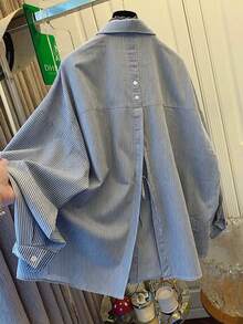 Women's Blue & White Striped Loose Fit Shirt, Tie Back Design, Suitable For Commuting, Casual Wear, Beach, Vacation - Navy Blue - View 4