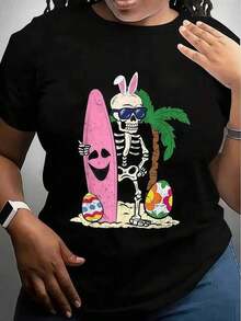 Easter T-Shirt With Rabbit Ears, Skeleton And Surfboard - Vintage Street Style Unisex Loose Cotton Short Sleeve Crew Neck T-Shirt, Blouses For Women, Women's T-Shirts, Casual Blouses For Ladies - 黑色 - 查看 6
