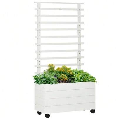 Trellis Planter, Planter With Wheels, Raised Bed For Climbing Plants, Natural Wood, White, 76 X 30 X 155 Cm For Garden.