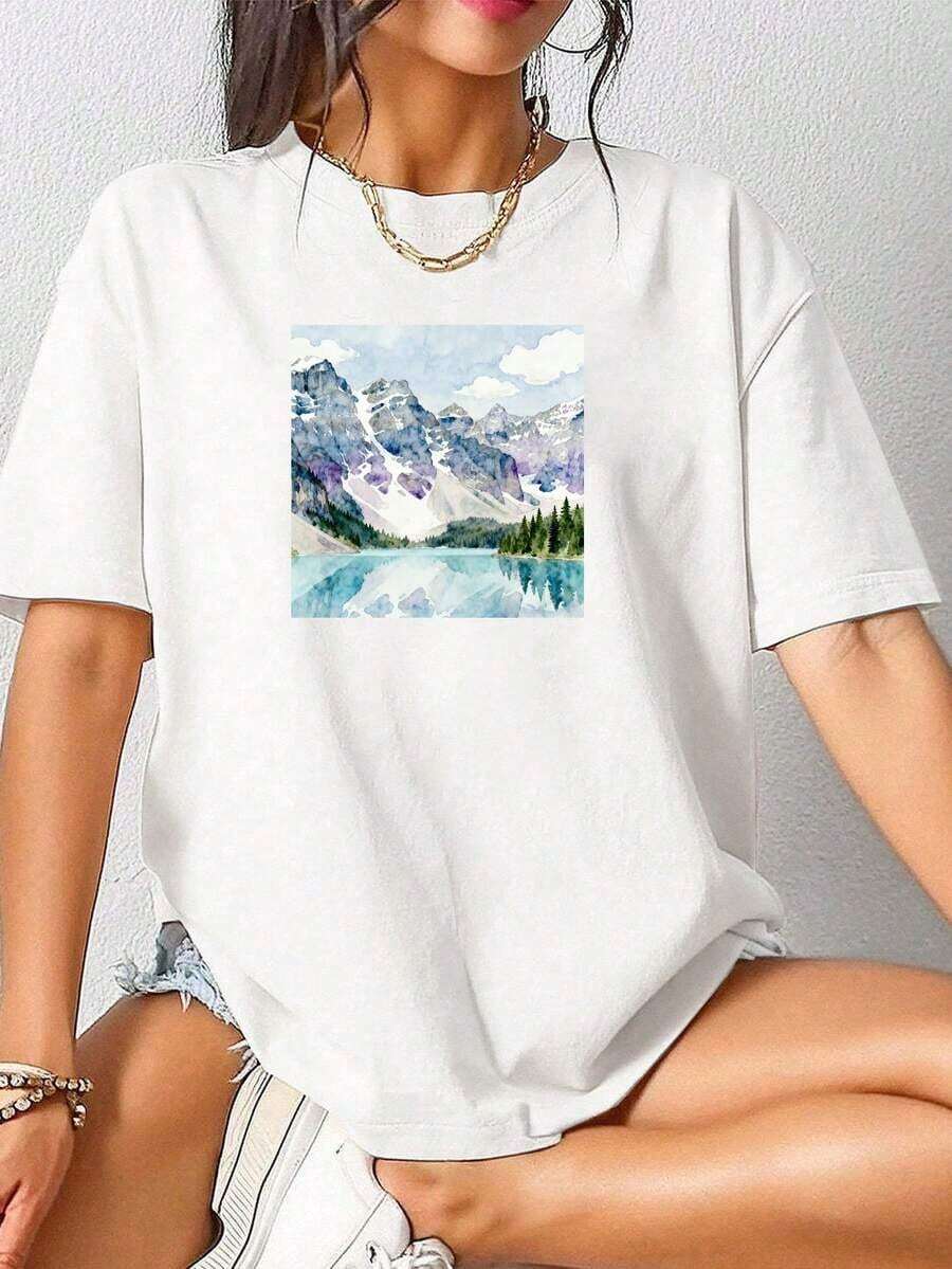 Women's Short-Sleeved T-Shirt, Made Of Pure Cotton, Soft And Comfortable, A Recommended Item, Featuring A Print Design Of Snow-Capped Mountains Reflected In A Lake. Breathable And Sweat-Wicking Cotton T-Shirt For Summer. - 白色 - 查看 1