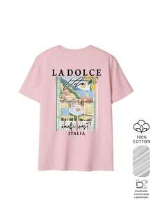 New Pink Short-Sleeved T-Shirt For Women, Featuring A Colorful Oil Painting Graphic Print And Lettering, Simple And Stylish. Suitable For Casual Holiday And Spring Outfits. - 糖果粉 2 - 查看 2