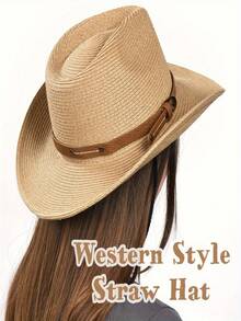 1pc Foldable Straw Cowboy Style Fashion Hat, Suitable For Women/Men Outdoor Activities Like Beach, Hiking, Climbing, Also Can Be Daily Accessory And Gift - Multicolor - View 9