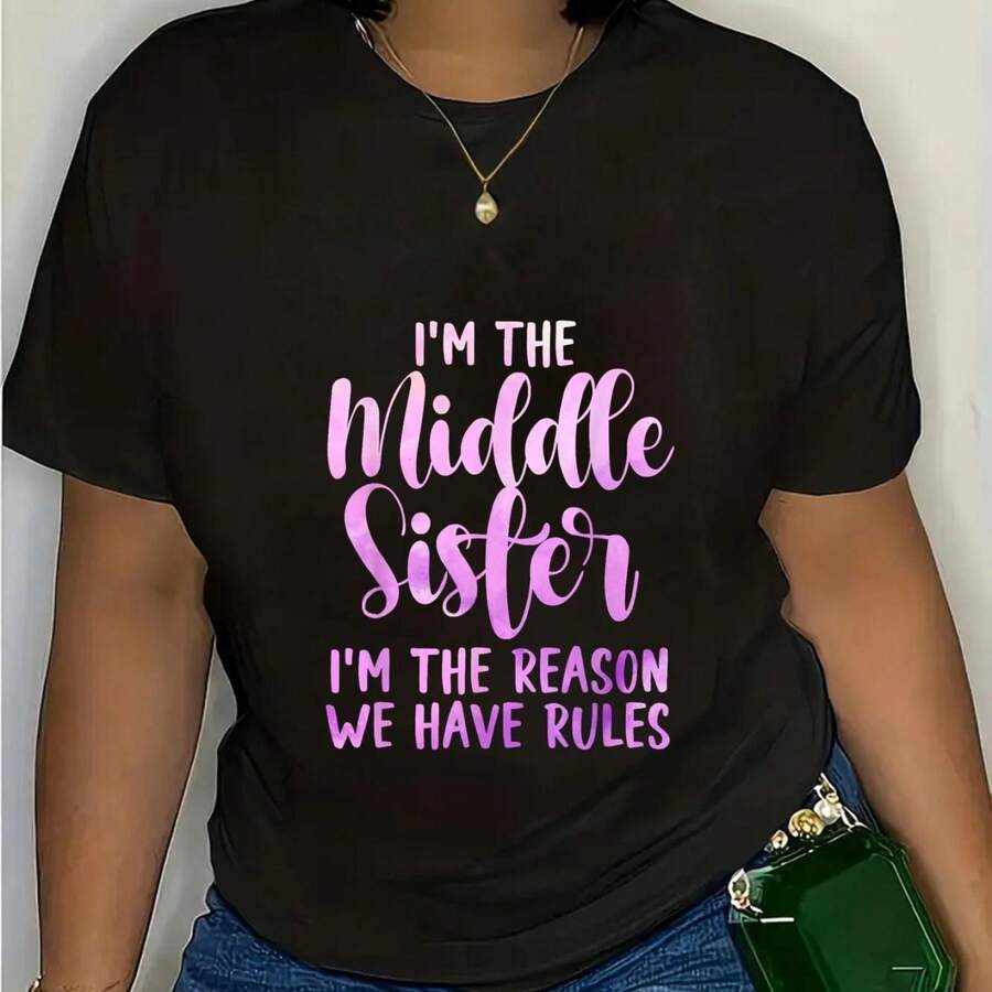3 Sisters "I'm the Middle One, I Decide" T-Shirt - clothes Soft and Breathable clothes, Unisex Regular Fit, clotheshine Washable, Pink Lettering, Fun Sibling & Friendship Summer Series, clothes - Negro - Ver 1