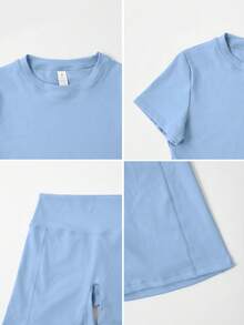 Women's Minimalist Solid Color Short Sleeve & Shorts Sports Set - 淺藍色 - 查看 3