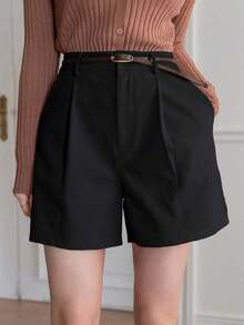Pantalones cortos de mujer de cintura alta, plisados, con bolsillos, de unicolor y de pierna recta, elegantes y vintage, para el verano - Negro - Ver 1