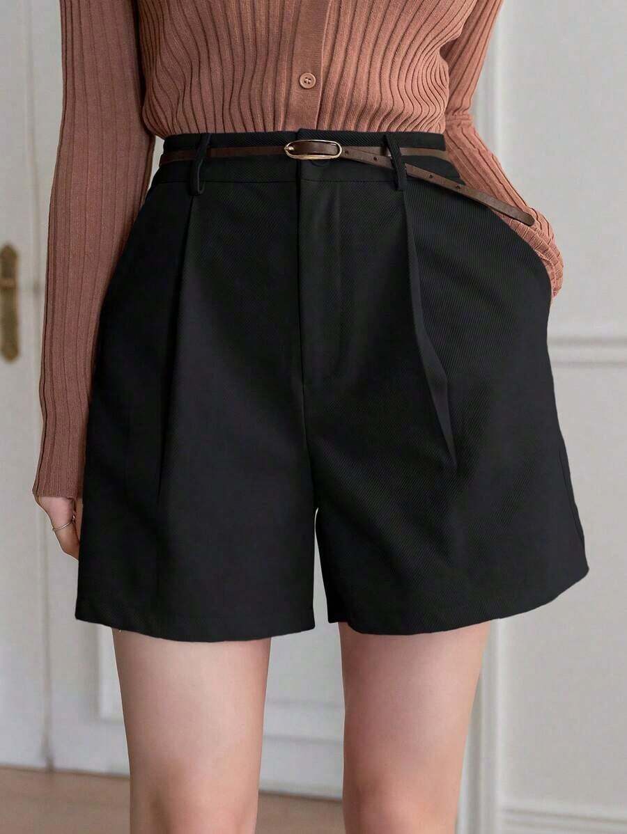 Pantalones cortos de mujer de cintura alta, plisados, con bolsillos, de unicolor y de pierna recta, elegantes y vintage, para el verano - Negro - Ver 1