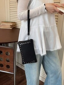 1件女款純色PU手拿包，時尚肩背斜挎信封包，鉚釘裝飾，多口袋方形包，適合通勤、購物、送禮及晚宴使用 - 黑色 - 查看 5