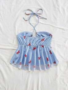 Camiseta de cuello halter casual gris azul texturizada para mujer de vacaciones - Multicolor 2 - Ver 2