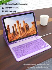 Funda con teclado inalámbrico compatible con iPad, cubierta protectora de cuero desmontable con ranura para lápiz, función de suspensión/activación automática, teclado inalámbrico Bluetooth de 150 mAh, funda de soporte delgada y ligera - Morado claro - Lila Púrpura - Ver 5