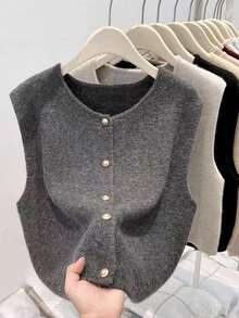 Chaleco de punto sin mangas suelto y corto con botones dorados, chaleco informal de color gris oscuro para capas, cárdigan de punto de ajuste ceñido y versátil para primavera/otoño y verano - Gris Oscuro - Ver 1