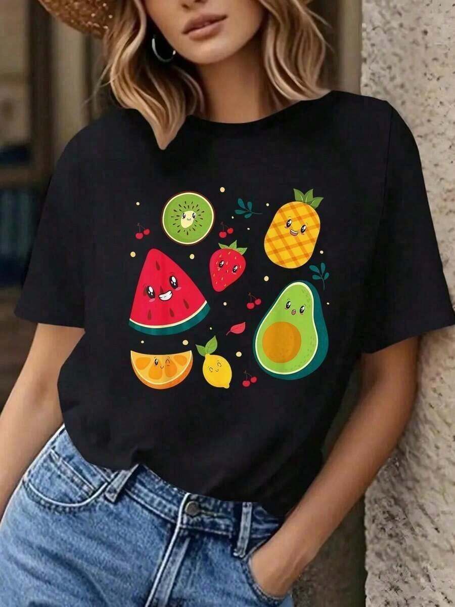 Women's Summer T-Shirt With Fruit Print - Graphic Tee With Watermelon, Strawberry, Avocado, And Kiwi, Loose Fit, Short Sleeve, Casual Crew Neck, Machine Washable, Comfortable Blouse For Everyday Wear In Spring/Summer (Medium Stretch). Suitable As A Gift. Women's T-Shirt. Blouses > Elegant. Boho Chic - Vintage Street Style Unisexoose Short Sleeve Cotton Crew Neck T-Shirt - 黑色 - 查看 1