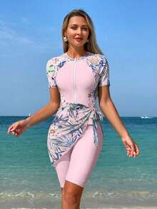 Swim  Set de 3 piezas: Blusa de manga corta con estampado, shorts y cubre-todo para mujeres de Oriente Medio - Rosa Pálido - Ver 6