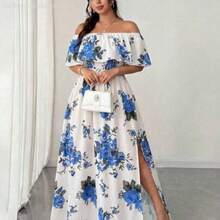 Elenzya Plus Size Women's Spring/Summer New Arrival Floral Print Dress, Off Shoulder Ruffle Romantic Sexy Waist Pleated Maxi Dress, Suitable For Romantic Vacation, Dates, Travel, Urban Outings, Music Festivals, And Romantic Occasions - Multicolor - Ver 1