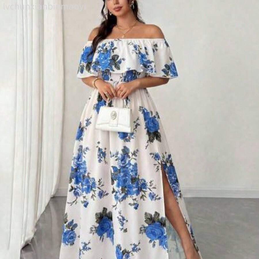 Elenzya Plus Size Women's Spring/Summer New Arrival Floral Print Dress, Off Shoulder Ruffle Romantic Sexy Waist Pleated Maxi Dress, Suitable For Romantic Vacation, Dates, Travel, Urban Outings, Music Festivals, And Romantic Occasions - Multicolor - Ver 1