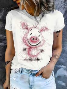 White T-Shirt With Hand-Painted Piglet Print, Featuring Pink Graffiti-Style Piglets, Cute And Artistic, The First Choice For Everyday Casual Wear. - 白色 - 查看 7