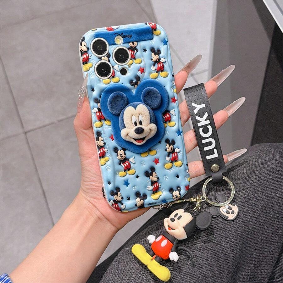 Disney Mickey Mouse Clubhouse Phone Case : 3D Fluffy Pattern Border Protector Phone Soft Phone Case With A Free Cute Mickey Bracelet Chain Lanyard, Mickey, Minnie, Goofy, Donald Duck, Daisy Duck, Pluto, For Apple 17 Promax 17 Pro 16 15 14 13 12 11 Pro Max XS Max X XR Soft Cover Summer Phone Case - 白色 - 查看 1