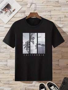 SimpieAndVersatileDesignHombres Camiseta con estampado tropicalCottonT-Shirt - Negro - Ver 2