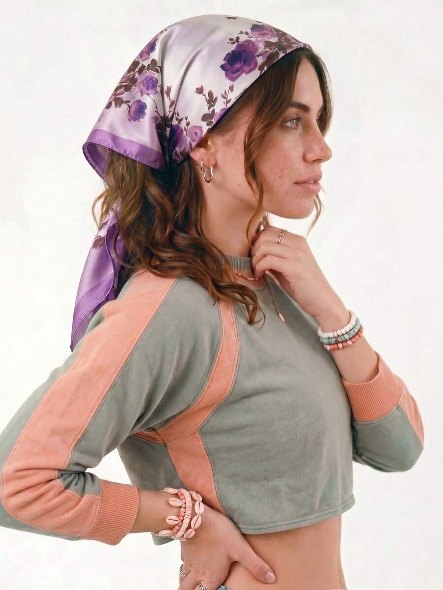 1pc Elegant Floral Print 70cm Square Scarf, Suitable For Casual And Street Wear, Fashion Bandana, Headband, Headwrap, Outdoor Sun Protection Accessory To Decorate Your Look - Purple - View 1