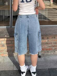 Shorts vaqueros cargo tipo bermuda de pierna ancha con bajo original, estilo vintage lavado Y2K, casual para mujer, verano y vacaciones - Azul claro - Ver 3