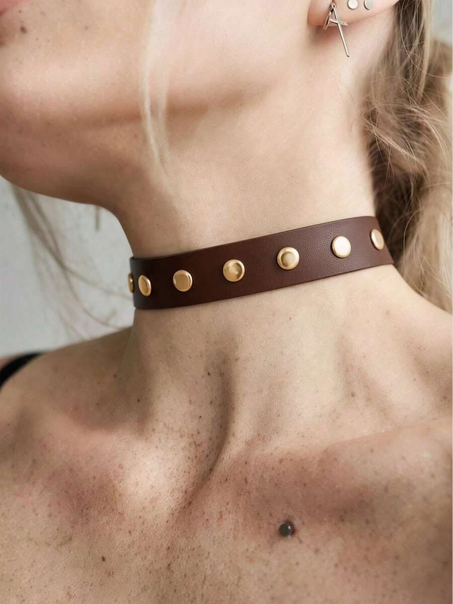 1 buah Kalung Choker Gaya Gotik Warna Kopi dengan Gesper Logam, Cocok untuk Pemakaian Sehari-hari dan Pesta - cokelat - View 1