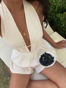 - Mono Sexy Azul a Rayas con Escote en V Profundo, Espalda Descubierta y Estilo Halter, Moda Europea y Americana, Elegante para Vacaciones - Albaricoque - Ver 6