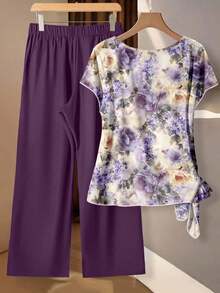 Conjunto de 2 piezas de blusa con lazo y pantalones de pierna recta para mujer - Multicolor 10 - Ver 2