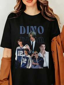 Dino Seventeens K-Pop Graphic T-Shirt Lees Chan Vintage 90s Bootleg Print Black Oversized Cotton Tee Men Women Streetwear Top, Dino Seventeens T-Shirt - Black - View 1