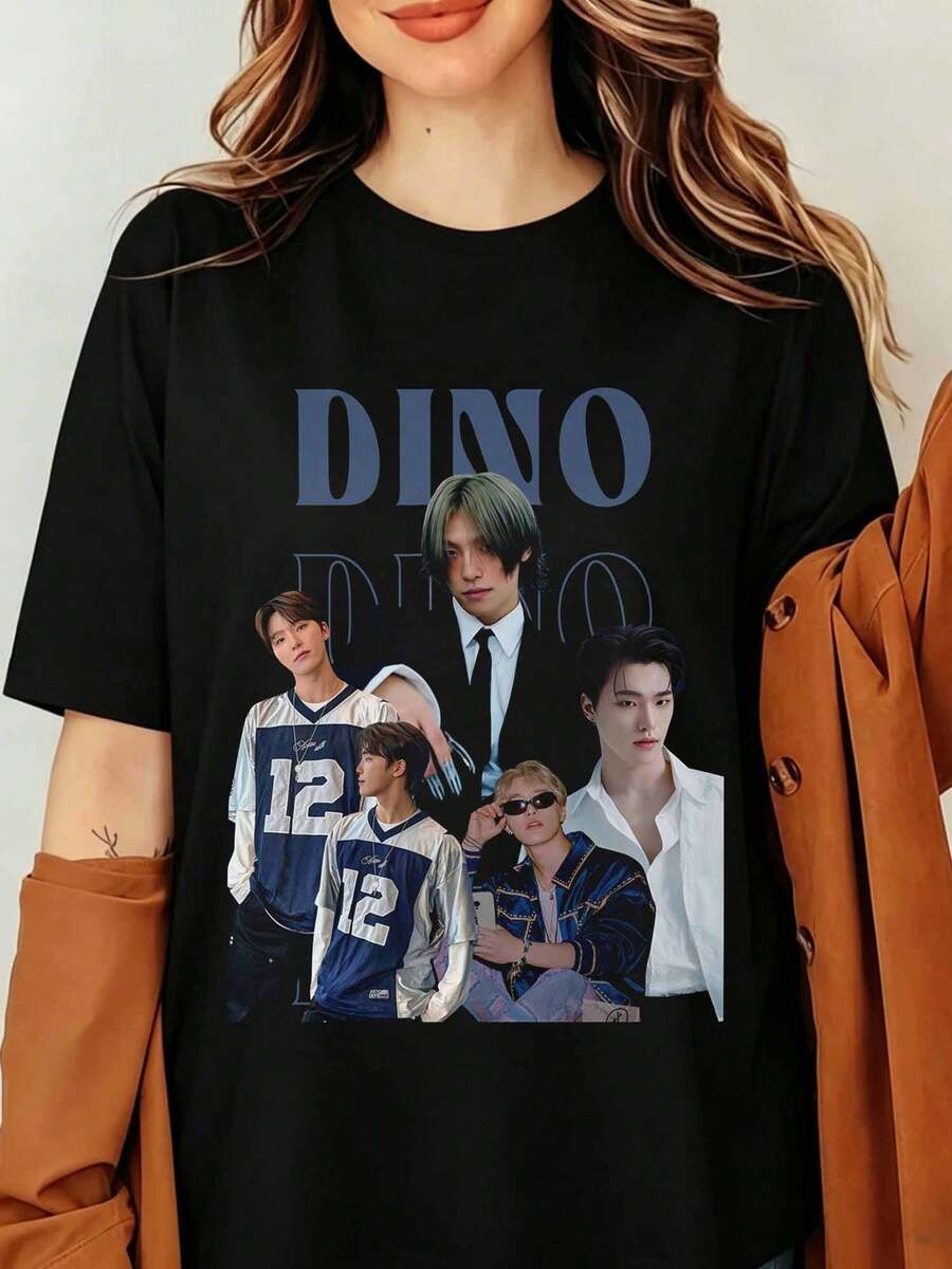 Dino Seventeens K-Pop Graphic T-Shirt Lees Chan Vintage 90s Bootleg Print Black Oversized Cotton Tee Men Women Streetwear Top, Dino Seventeens T-Shirt - Black - View 1
