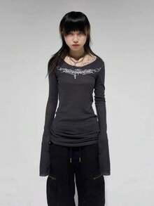 Seeslim Gothic Graphic T Shirts Women Long Sleeve Korean Fashion 2000s Clothes Y2k Slim Spring Autumn Tops Tees Female Clothing - 深灰色 - 查看 8