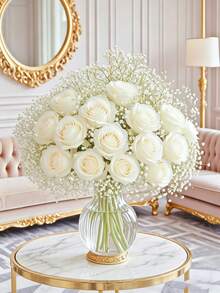 30 bông hồng trắng kết hợp hoa baby's breath trang trí, phong cách đồng quê, thích hợp cho phòng khách, phòng ngủ hoặc bàn ăn, tuyệt vời cho các sự kiện, tiệc tùng, ngày lễ, bệ cửa sổ, phông nền chụp ảnh, kỷ niệm, mùa cưới và quà tặng ngày lễ. - trắng - Xem 7