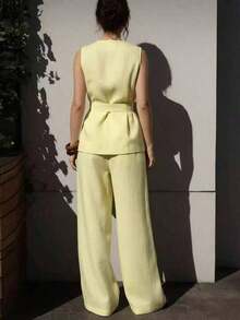 2 piezas Conjunto de ropa elegante, Blusa sin mangas con cuello en V y corbata en la cintura y Pantalones anchos de pierna ancha con bolsillos para mujer, Conjunto primaveral - Amarillo - Ver 3