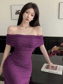 Vestido elegante de mujer con hombros descubiertos y cintura fruncida, perfecto para bodas, citas y ocasiones - Morado 2 - Ver 3