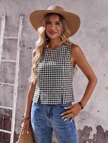Camisa sin mangas de unicolor con diseño de botones para mujer - Negro - Ver 5