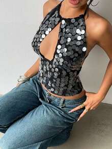 Nuevo camisol de tirantes finos con espalda descubierta y lentejuelas rosas para mujer, elegante y sexy, ideal para el Día de San Valentín, fiestas y viajes - Negro - Ver 3