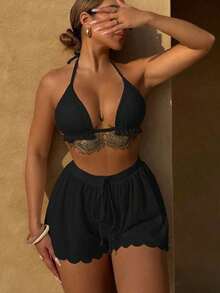 Conjunto de bikini de 3 piezas con parte superior de atar al cuello, estampado de lunares y shorts, con volantes, para mujer, para playa de verano - Negro - Ver 1