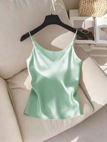 Elegante camiseta de satén con escote en V francés delicado y decoración de perlas, adecuada como prenda de superposición para mujeres - Verde - Ver 4