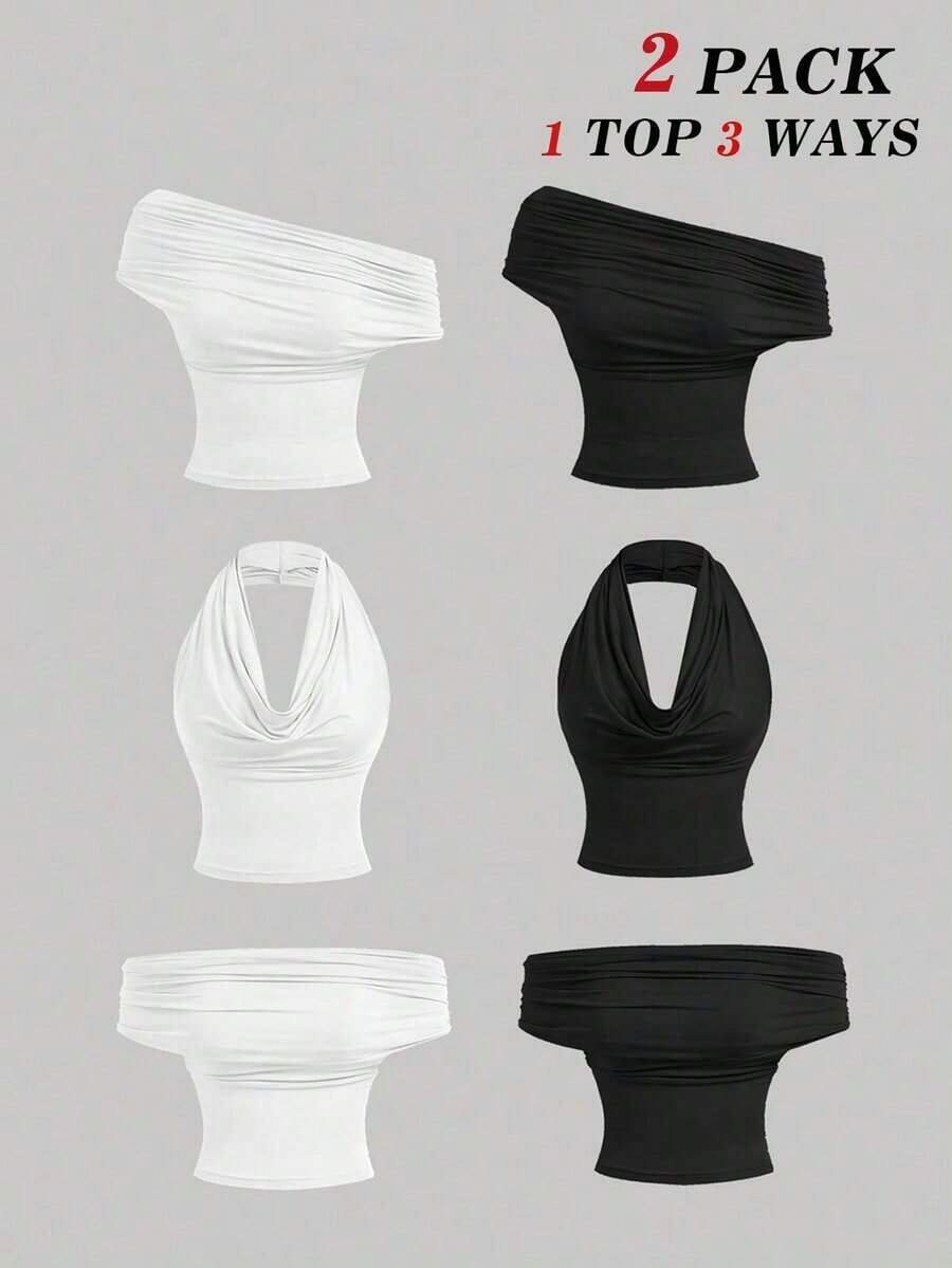 Set de 2 blusas casuales de unicolor de ajuste ceñido que se pueden usar de 3 maneras diferentes para mujeres - Blanco y Negro 2 - Ver 1