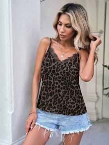 Camiseta de verano para mujer con estampado de leopardo marrón, de estilo minimalista, retro y elegante, versátil para uso diario o vacaciones.Camiseta de mujer con escote en V y encaje de contraste a la moda - Multicolor 6 - Ver 9