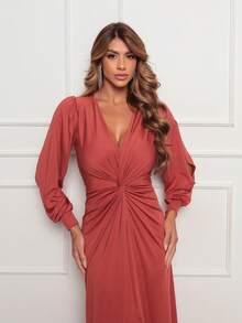 PAETE CLOTHING Elegant Long-Sleeved Party Dress For Bridesmaids And Weddings, V-Neck, Front Slit, Romantic Knit Fabric. - Đất nung - Xem 2
