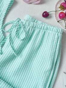 Set de 2 pantalones rectos de pierna sencilla con cordón, estilo versátil, a rayas rosas, de llegada nueva para el verano estilo europeo y americano, para mujer - Verde - Ver 5