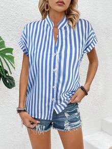 Blusa casual de verano de unicolor con botones delanteros y mangas cortas para uso diario - Azul y blanco - Ver 5