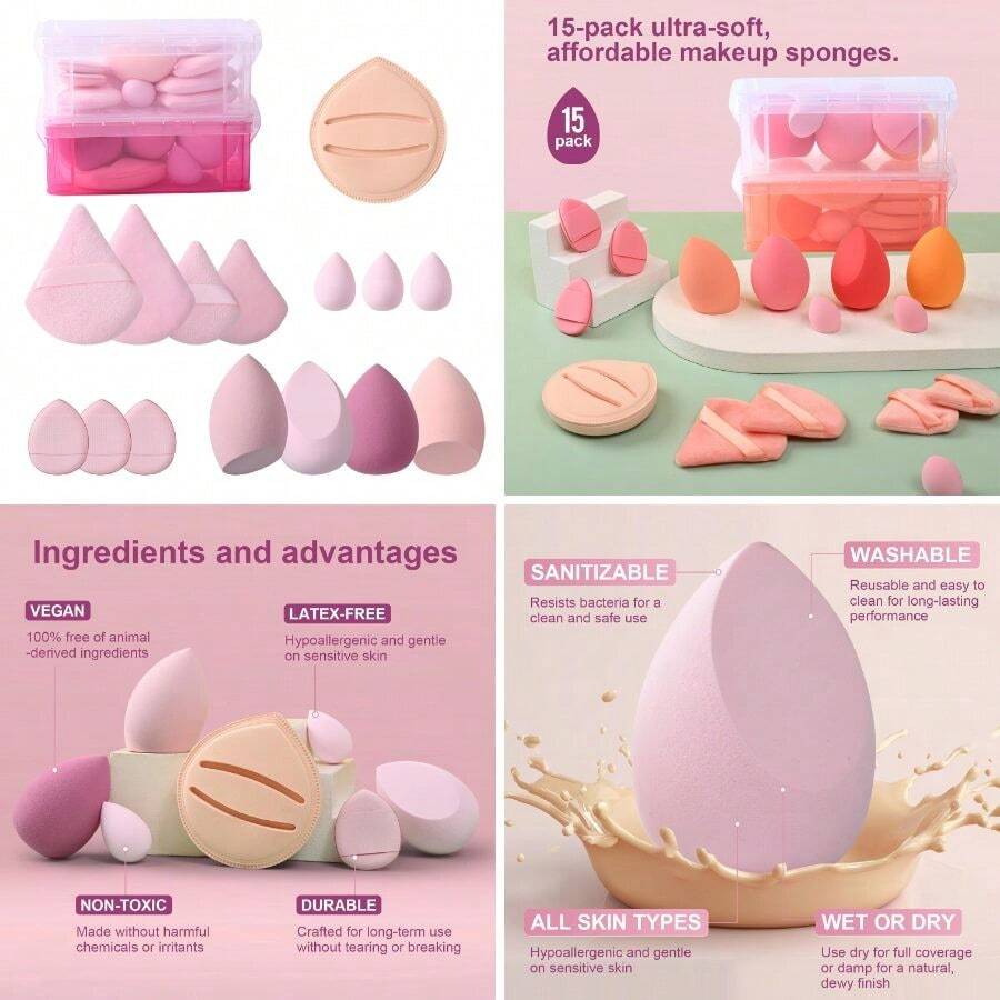 Makeup Blending Sponges Set, Multi-Shape Beauty Sponges, Pink And Coral (Pink) - 玫瑰粉 - 查看 1
