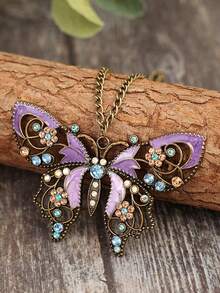 1pc Hollow Butterfly Crystal Inlaid Pendant Necklace, Suitable For Sweater Decoration - Butterfly - View 10