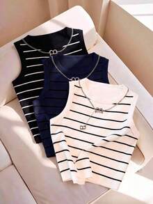 Camiseta de tirantes casual y versátil con cuello redondo y rayas para mujer - Multicolor 14 - Ver 1
