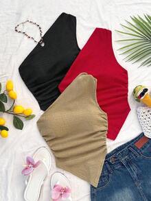 Conjunto de 3 piezas con top asimétrico casual de uso diario y de verano para vacaciones, talla grande 2 piezas adicionales, para volver al colegio o para la hora del té por la tarde - Multicolor 7 - Ver 9